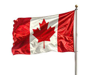 A national flag with a distinctive maple leaf in the center is blowing in the wind