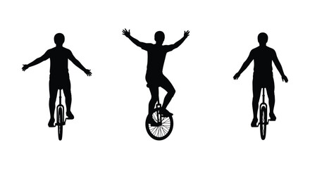 Silhouette trio of performers joyfully riding unicycles with arms wide open in celebration silhouette © Marina