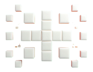 White square shapes arranged on a black background forming a plus sign with scattered cubes