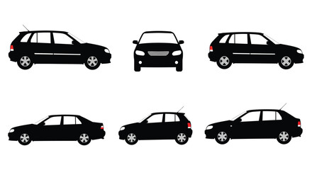 Diverse collection of black silhouettes of cars and station wagons from multiple angles for design projects silhouette