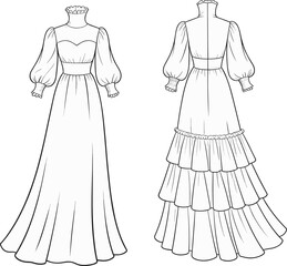 ad drawing flat vector illustration, long formal dress fashion sketch, garment construction template, clothing pattern layout, puff sleeve design