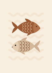Minimalist art with fish and organic shapes. boho, scandinavian style. poster, decoration, background. beige, brown, neutral colors