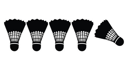 Five silhouette badminton shuttlecocks arranged in a row with one tipped over demonstrating play silhouette