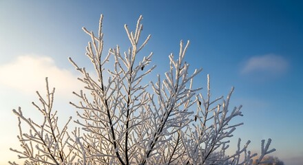 Frosted tree branches against a clear blue sky sunlight winter scene