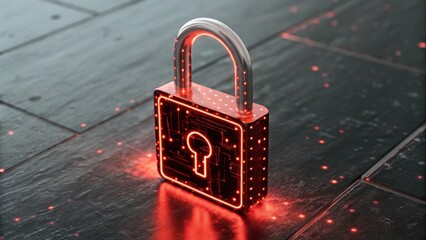 A glowing digital padlock sits on a dark surface, symbolizing cybersecurity and protection, surrounded by illuminated dots.