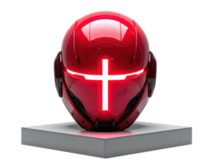 Rendered, futuristic red helmet, with white cross, on a minimalist, illuminated platform