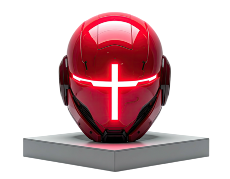 Rendered, futuristic red helmet, with white cross, on a minimalist, illuminated platform