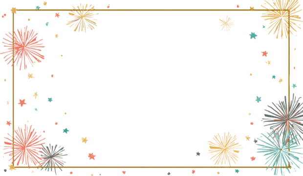 Joyful celebration with colorful firework explosions and confetti around festive gold