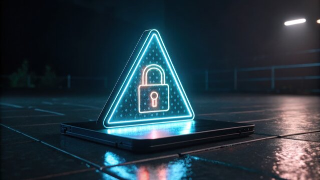 A glowing triangular sign with a padlock symbol is placed on a reflective surface, creating a high-tech, secure atmosphere in a dark setting.