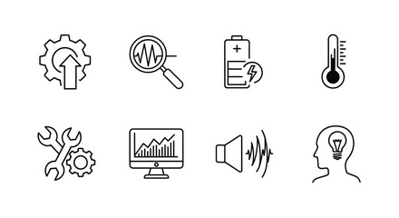 Set of modern technology icons representing data analytics innovation and performance metrics vector