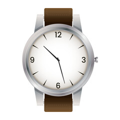 Classic watch with brown leather strap isolated on white