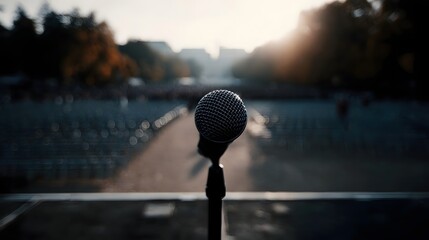 A lone microphone stands ready on an empty stage bathed in the warm glow of golden hour with rows of unoccupied seats stretching into the distance