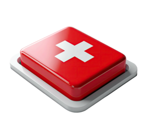 Red, shiny, square button with a white cross in the center, set in a white border