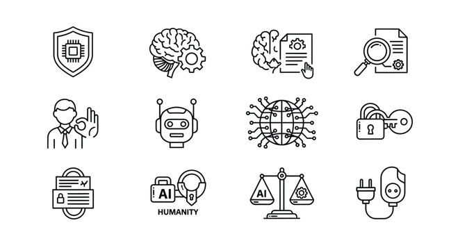 Collection of hand drawn icons representing technology data security ai and innovation concepts vector