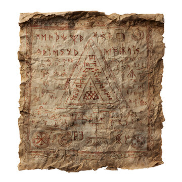 Mystical Artifact: An aged, weathered parchment etched with cryptic symbols, evoking an aura of ancient knowledge and hidden lore.