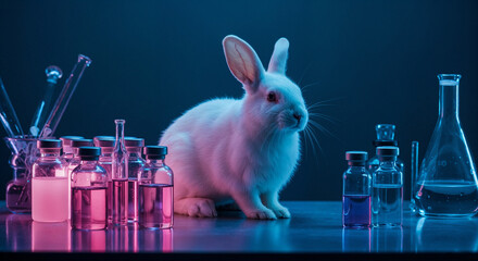 White Rabbit in Laboratory with Vials and Glassware animal research