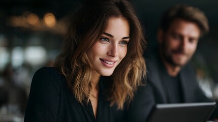 A professional woman and her colleague engage in a discussion using a tablet in a modern softly lit environment