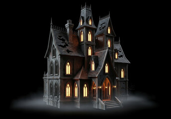 high-quality 3D haunted house with gothic details, glowing windows, and a spooky mist, perfect for Halloween-themed graphics and eerie backgrounds, Ai Generate.