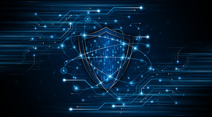 Abstract technology circuit board background with shield symbols concept of data protection and cyber privacy. modern security technology innovation concept background	