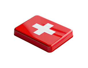A vibrant red first-aid kit, with a white cross on top, sits isolated against a dark background