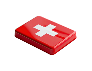 A vibrant red first-aid kit, with a white cross on top, sits isolated against a dark background