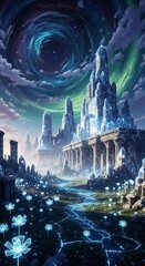 Obraz premium Fantasy cityscape with glowing structures and celestial atmosphere