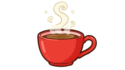 A vibrant red cartoon mug filled with a hot steaming beverage on a clean white background.