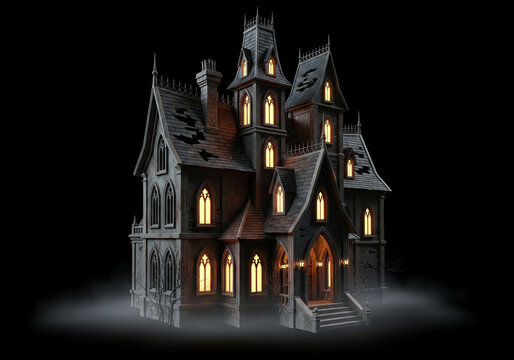 high-quality 3D haunted house with gothic details, glowing windows, and a spooky mist, perfect for Halloween-themed graphics and eerie backgrounds, Ai Generate.
