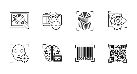 Security biometric identification icons set face scan fingerprint brain camera qr barcode eye magnifier vector