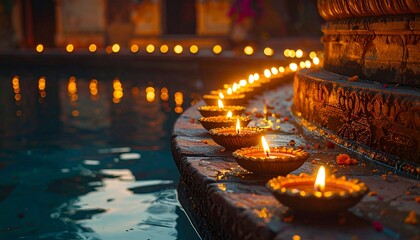 Sacred oil lamps burning brightly by the holy water at dusk.