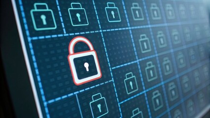A digital display featuring multiple padlock icons, with one highlighted in red, symbolizing security and data protection.