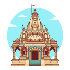 Fototapeta premium Traditional Hindu Temple with Hindu flag Simple flat style vector graphic.