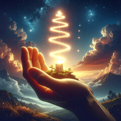  glowing spiral rising from an open palm, symbolizing the organic growth of an idea