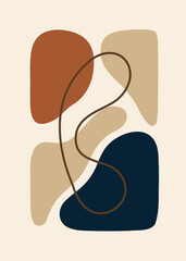 Abstract art with curved lines and neutral organic shapes. Minimalist illustration in terracotta, brown, blue, and beige. Earthy tones, decorative, vector