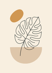 Minimalist monstera line art and organic shapes. Boho, Scandinavian style. Poster, decoration, background. Black, yellow, beige