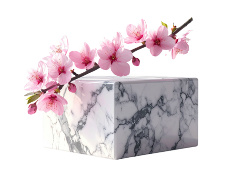 Elegant composition pink cherry blossoms gracefully perched on a marbled pedestal, studio shot
