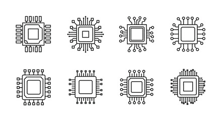 Collection of hand drawn microchip icons diverse electronic components for technology and innovation themes vector