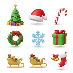 A premium 3D icon set of Christmas essentials including Santa hat, tree, and candy cane, Ai Generate.