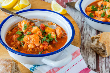 Fish stew made of cod, salmon, smoked haddock and prawns