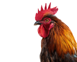 Majestic Rooster Portrait with Striking Red Comb and Vibrant Feathers Captured Against a Clean Background