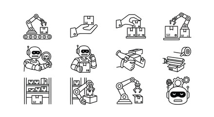 Set of industrial automation icons for manufacturing and logistics with robots and machinery vector