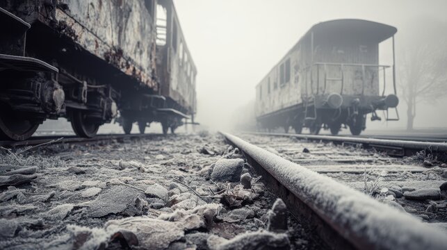 Close-Up View of Frosty Railway Tracks Between Freight Trains on a Foggy Winter Morning
