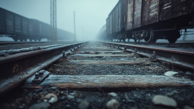 Close-Up View of Frosty Railway Tracks Between Freight Trains on a Foggy Winter Morning
