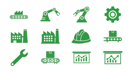 Green industrial icons set representing manufacturing automation technology production and engineering concepts vector