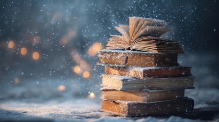 Stack of vintage books in snow with open pages fluttering, illuminated by warm fairy lights in a magical winter setting
