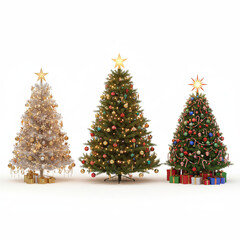 A premium 3D icon set of decorated Christmas trees with golden ornaments and lights, perfect for luxury holiday projects, Ai Generate.