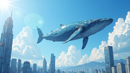 Giant whale floating in the sky over skyscrapers