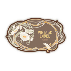 Decorative flowers and leaves in art nouveau style, vintage, old, retro style. Border, frame, template for product label, cosmetic packaging. Easy to edit. Vector illustration.