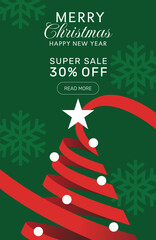 Christmas Sale background with red ribbon christmas tree, snowflakes and star.  Retail promo offer banner, postcard. New Year greeting card template.