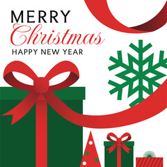 Holiday's Background for Merry Christmas greeting card with a gift box, decorated with red ribbon